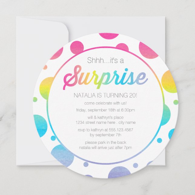 Watercolor Dots Surprise Birthday Party Invitation (Front)