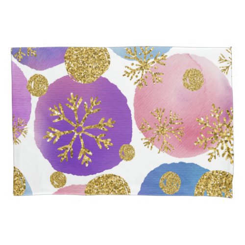 Watercolor Dots with Golden Glitters and Snowflake Pillow Case