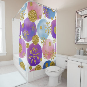 Watercolor Dots with Golden Glitters and Snowflake Shower Curtain