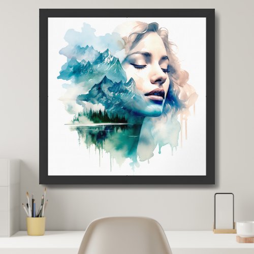 Watercolor double exposure of woman and mountain framed art