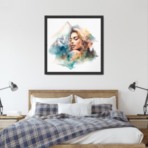 Watercolor Double exposure of woman and mountain Framed Art