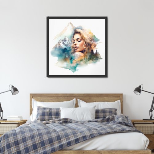Watercolor Double exposure of woman and mountain Framed Art