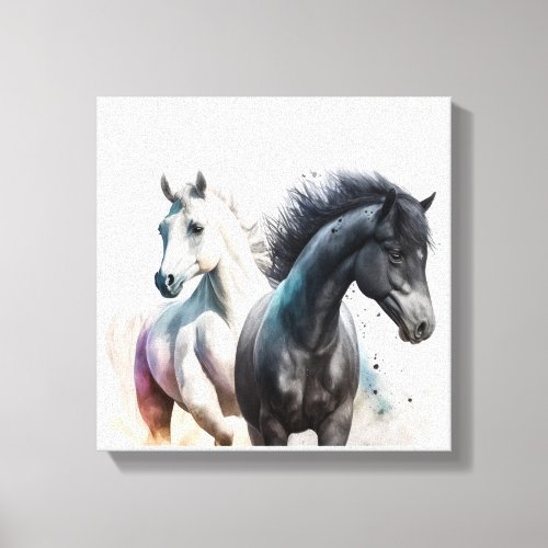 Watercolor Double Horse Back and White Color Canvas Print