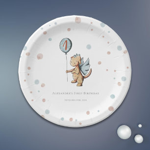 Watercolor Dragon First Birthday Party Paper Plates