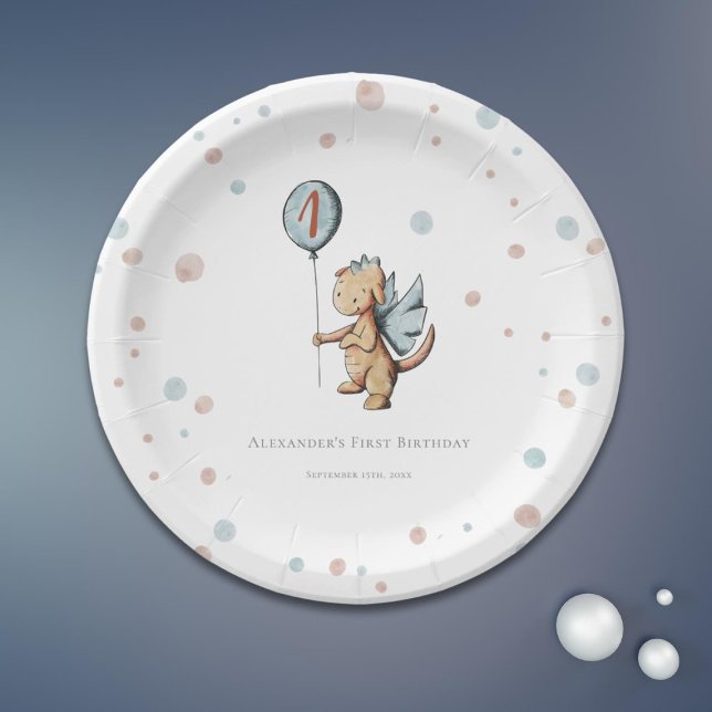Watercolor Dragon First Birthday Party Paper Plates (Creator Uploaded)