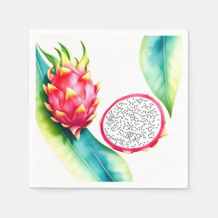 Watercolor Dragon Fruit in Bold Colors on White Napkins