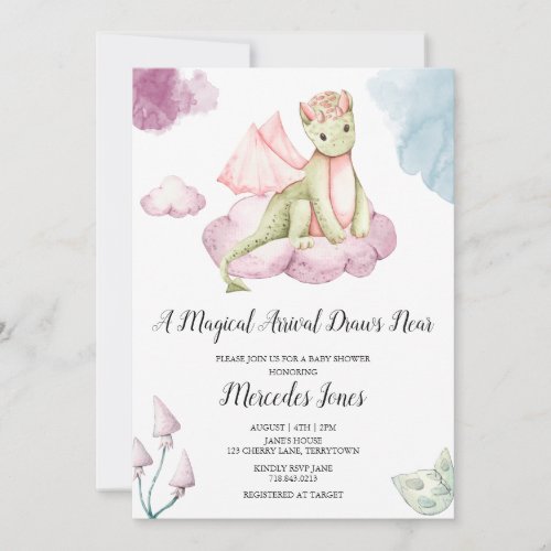 Watercolor Dragon Magical Arrival Baby Shower Invitation