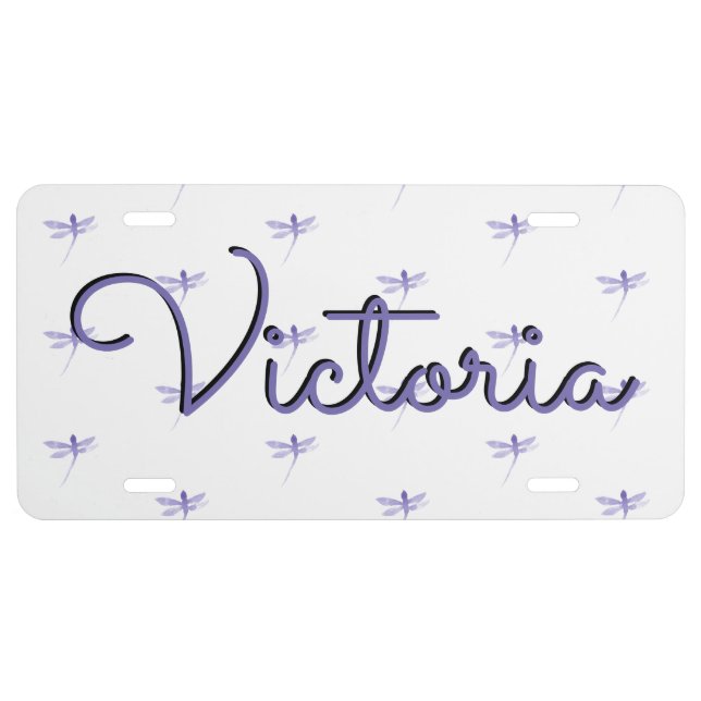 Watercolor Dragonflies Hand Painted Name Purple License Plate (Front)