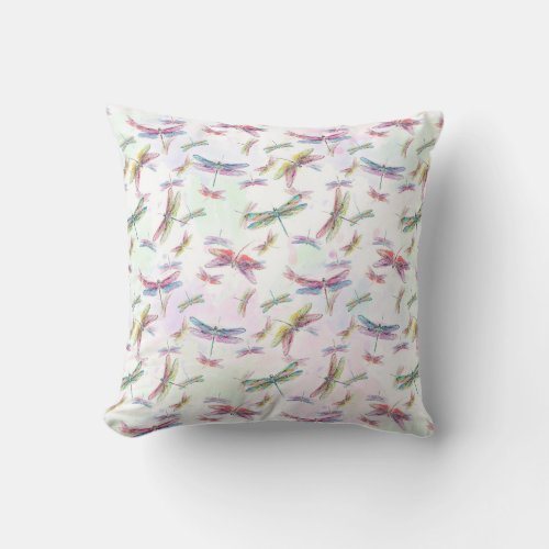 Watercolor Dragonflies Teal Lavender Blue White Throw Pillow