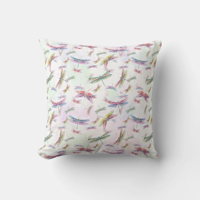 Watercolor Dragonflies Teal Lavender Blue White Throw Pillow (Front)