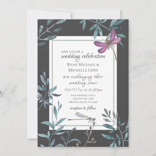 Watercolor Dragonfly and Garden Greenery Wedding Invitation