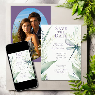 Watercolor Dragonfly and Greenery Photo Wedding Save The Date