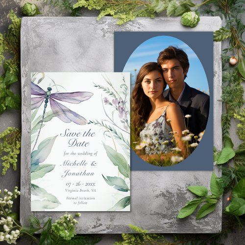 Watercolor Dragonfly and Greenery Photo Wedding Save The Date