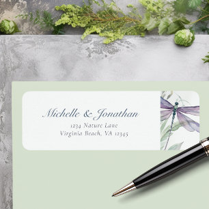 Watercolor Dragonfly and Greenery Wedding Address Label