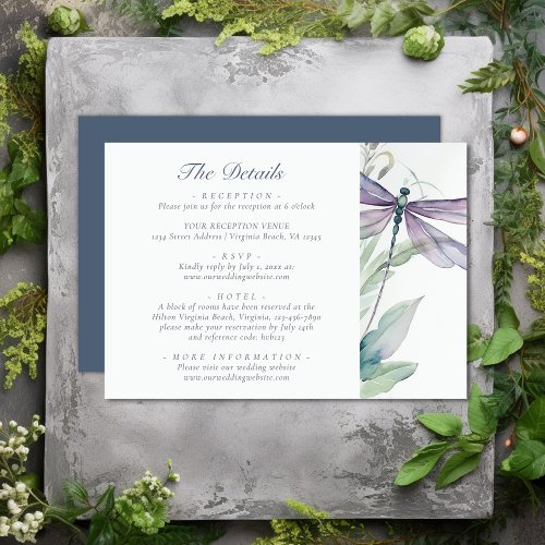 Watercolor Dragonfly and Greenery Wedding Details Enclosure Card
