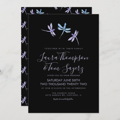 Watercolor Dragonfly Elegant Script Wedding  Black Invitation