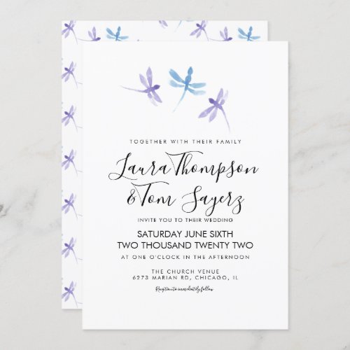 Watercolor Dragonfly Elegant Script Wedding  Invitation