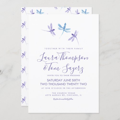 Watercolor Dragonfly Elegant Script Wedding  Invitation