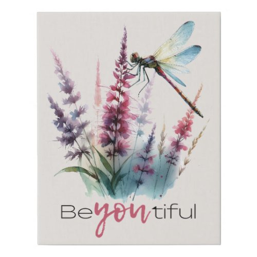Watercolor Dragonfly Floral Be You Inspire Quote Faux Canvas Print