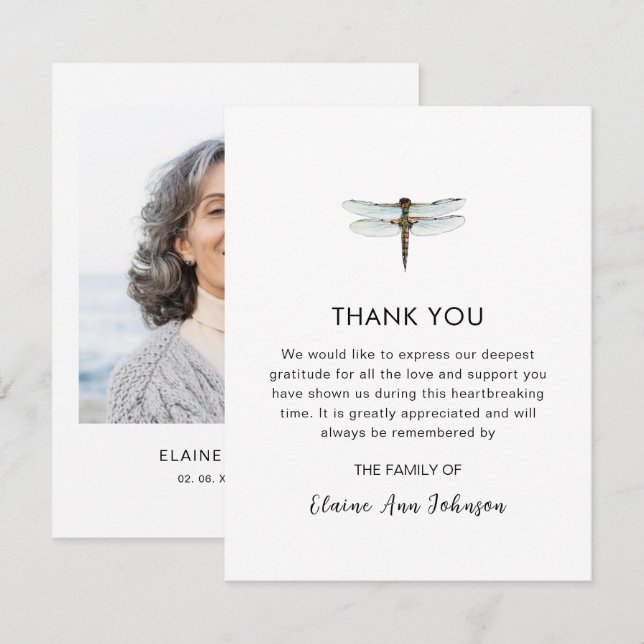 Watercolor Dragonfly Funeral Photo Thank you  Card (Front/Back)