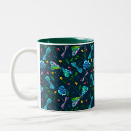 Watercolor Dragonfly Garden on Midnight Blue Two-Tone Coffee Mug