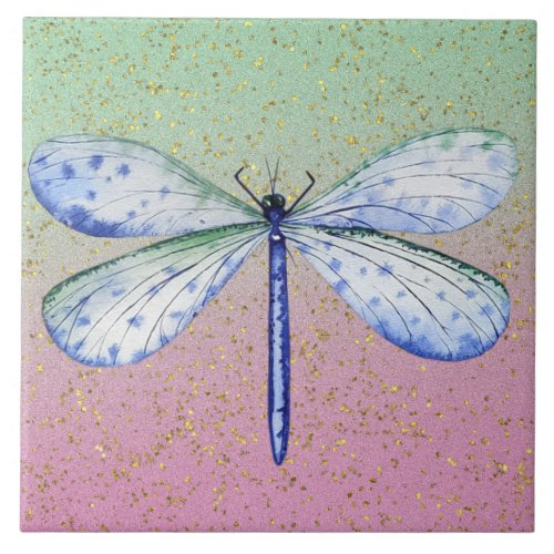 Watercolor Dragonfly Gold Dust Ceramic Tile