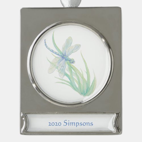 Watercolor Dragonfly in Blue Green Color Silver Plated Banner Ornament