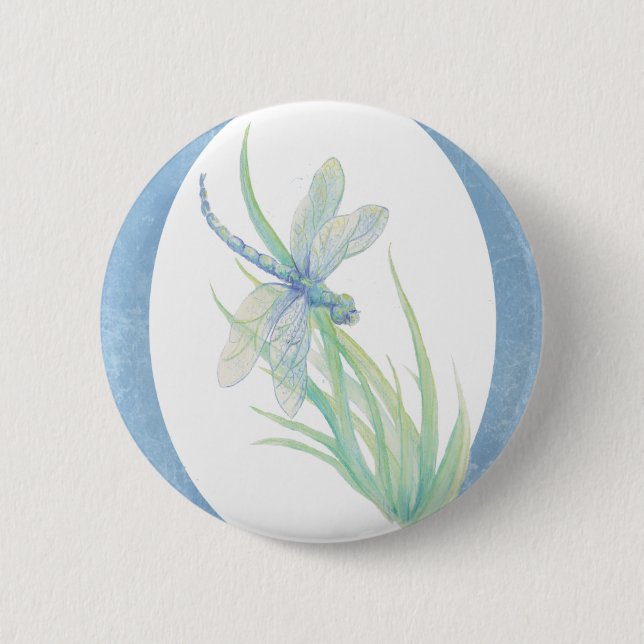 Watercolor Dragonfly in Blue & Green Nature Art Pinback Button (Front)