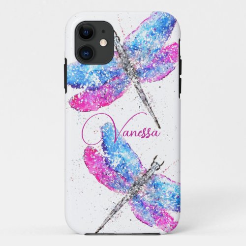 Watercolor dragonfly pink blue  iPhone 11 case