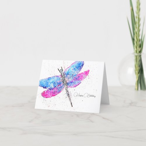 Watercolor dragonfly pink blue classic  Birthday  Thank You Card