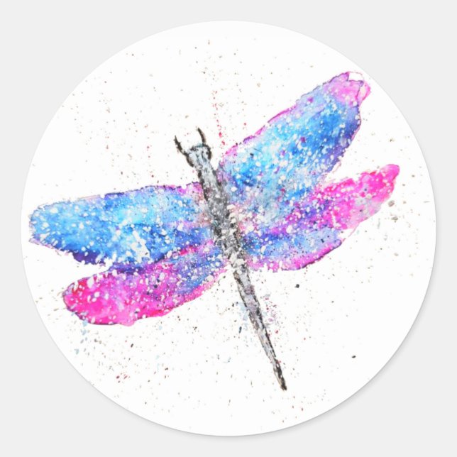 Watercolor dragonfly pink blue classic round sticker (Front)