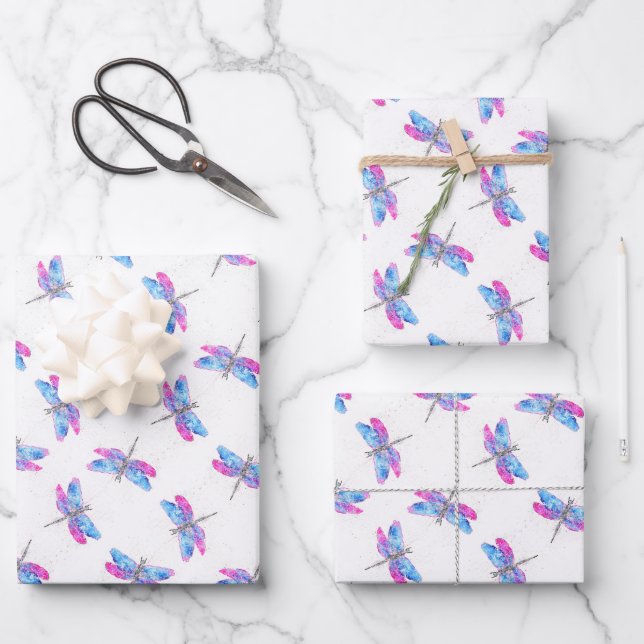 Watercolor dragonfly pink blue classic  wrapping paper sheets (Front)