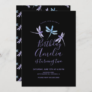 Watercolor Dragonfly Purple Black Birthday Party