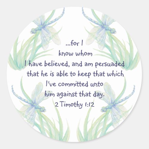 Watercolor Dragonfly Scripture Timothy Encourage Classic Round Sticker