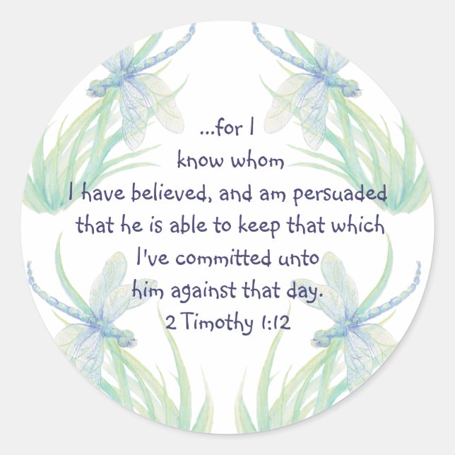 Watercolor Dragonfly Scripture Timothy Encourage Classic Round Sticker (Front)