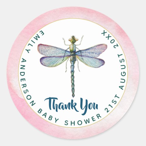 Watercolor DRAGONFLY Thank You Baby Shower PinkBlu Classic Round Sticker