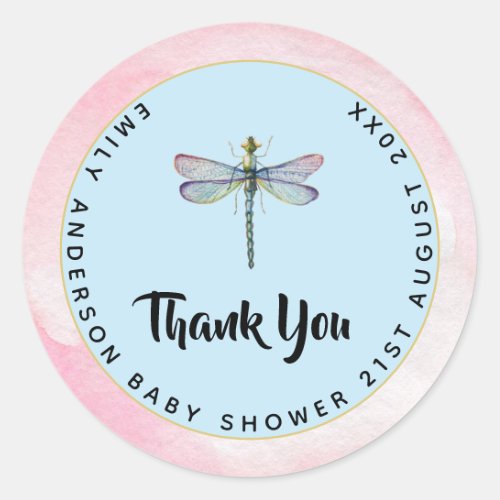 Watercolor DRAGONFLY Thank You Baby Shower PinkBlu Classic Round Sticker