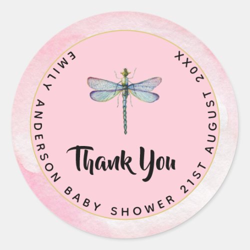 Watercolor DRAGONFLY Thank You Baby Shower PinkBlu Classic Round Sticker