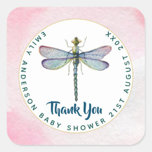 Watercolor DRAGONFLY Thank You Baby Shower PinkBlu Square Sticker