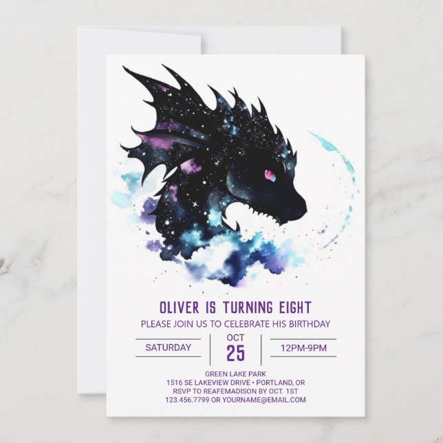 Watercolor Dragon's Enchanted Birthday Invitation (Front)
