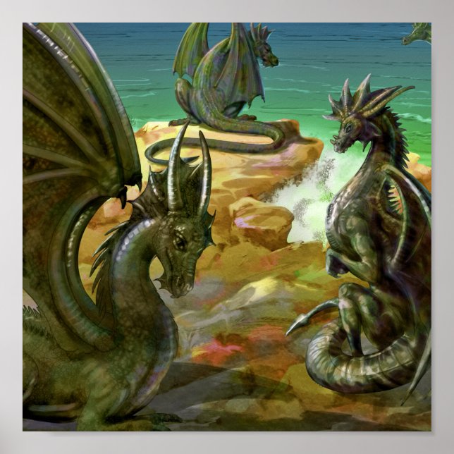 Watercolor Dragons Fantasy Art Poster (Front)