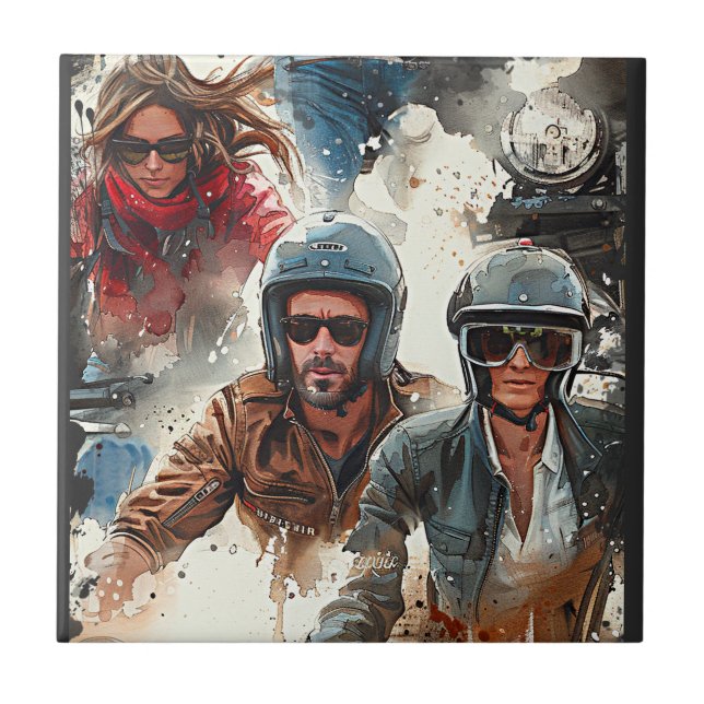 Watercolor drawing MotoBikers Ceramic Tile (Front)