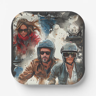 Watercolor drawing MotoBikers Paper Plates