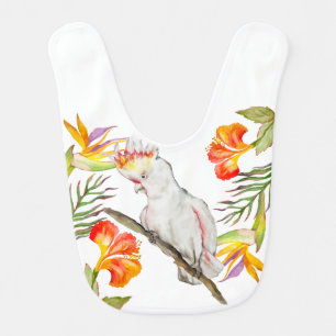 Watercolor drawing of a cockatoo parrot baby bib