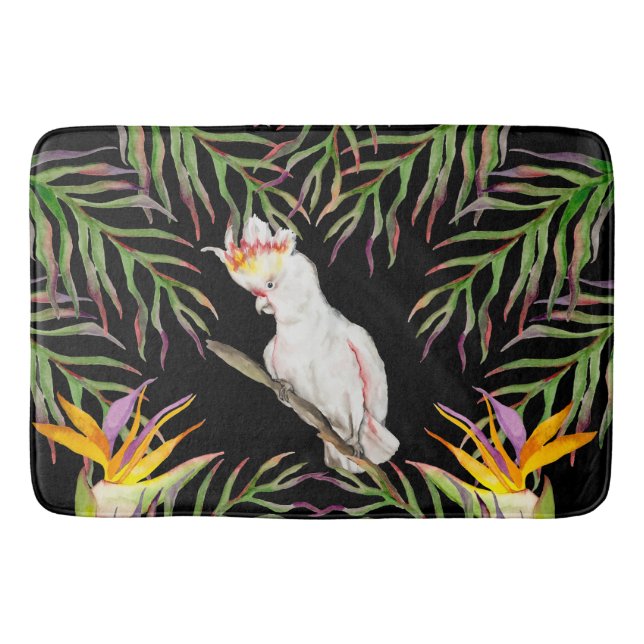Watercolor drawing of a cockatoo parrot bath mat (Front)