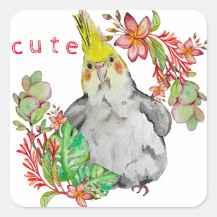 Watercolor drawing of a funny parrot in flowers po square sticker