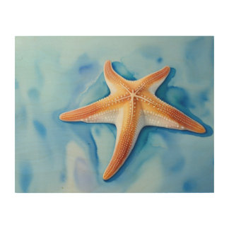 Watercolor Drawing of Starfish Wood Wall Art