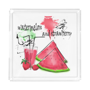 Watercolor drawing of watermelon and strawberries  acrylic tray
