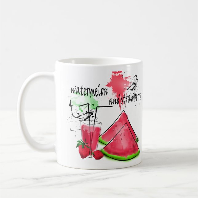 Watercolor drawing of watermelon and strawberries  coffee mug (Left)