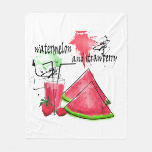 Watercolor drawing of watermelon and strawberries fleece blanket